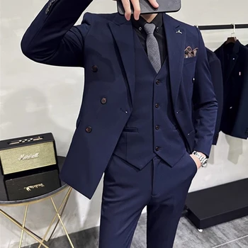 2023 Модный новый мужской бутик для отдыха, деловой однотонный приталенный свадебный костюм / Мужские полосатые 3 предмета, блейзеры, куртка, брюки, жилет