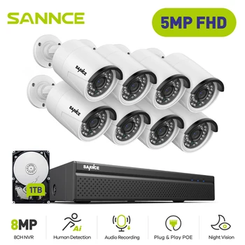 SANNCE H.265 + 8CH 5MP POE Комплект Системы видеонаблюдения 8ШТ 5-Мегапиксельная HD IP-Камера Наружного Водонепроницаемого Видеонаблюдения NVR Комплект