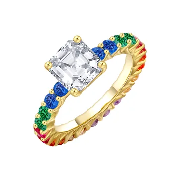 Европейское и американское модное роскошное кольцо с бриллиантом из серебра 925 пробы 7 * 7 Аше с высоким содержанием углерода и кольцом с разноцветным бриллиантом в ряд